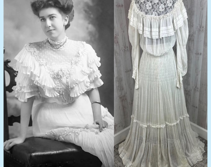 1910s Edwardian 2PC Dress~Sheer Muslin White Batiste Cotton Wedding Bridal Dress 1900s XS/S