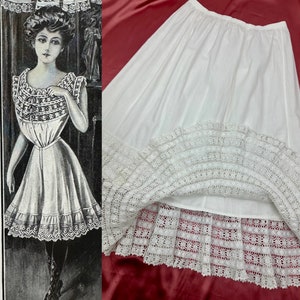 1910s Edwardian Petticoat~Antique Tiered White Crisp Cotton Crinoline Skirt ~ Crochet Ruffle Hem 1900s EX CONDITION! 28&quot; waist