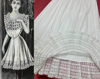 1910s Edwardian Petticoat~Antique Tiered White Crisp Cotton Crinoline Skirt ~ Crochet Ruffle Hem 1900s EX CONDITION! 28" waist