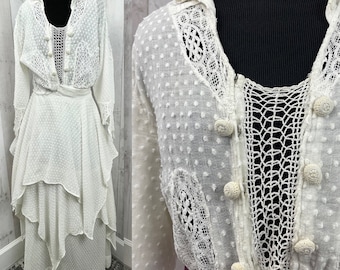 1910s True Edwardian Dress~White Swiss Dot Cotton Lawn Dress Hankerchief Hem 1900s XS/S