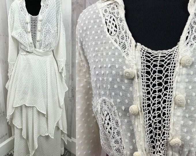 1910s True Edwardian Dress~White Swiss Dot Cotton Lawn Dress Hankerchief Hem 1900s XS/S