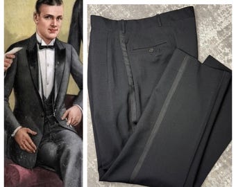 1910s Edwardian Tuxedo Trousers ~ Antique Inky Black Mens Wool Pants AUTHENTIC!  40” Waist x 31” Inseam