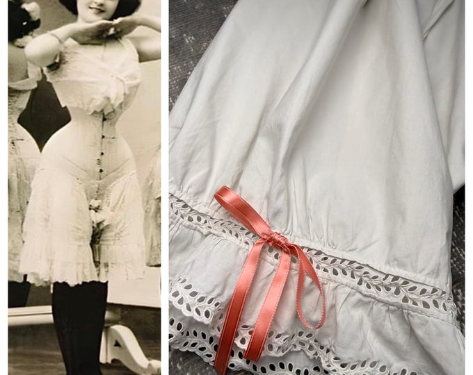 1910s Edwardian Knickers / Open Crotch Bloomers White Cotton & Eyelet Lace Ruffle Trim~ Undergarment ~ Up to 38” Waist