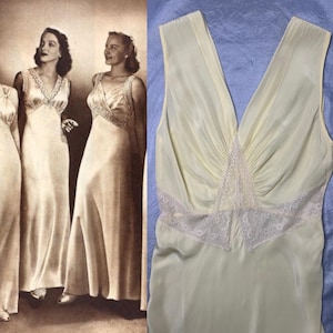 1930s Antique Satin Nightgown   Lingerie Butter Yellow Bias Cut  Art Deco Hollywood 1940s Size Small