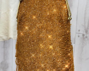 c1900s Antique Edwardian Beaded Gilt Ornate Brass Clutch Handbag Chain Link Handle c1910s
