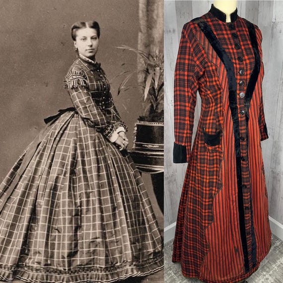 1890s Antique Victorian Wool Flannel Dressing Gown~Red & Black Plaid Velvet Trim Vintage 1900s S Wounded