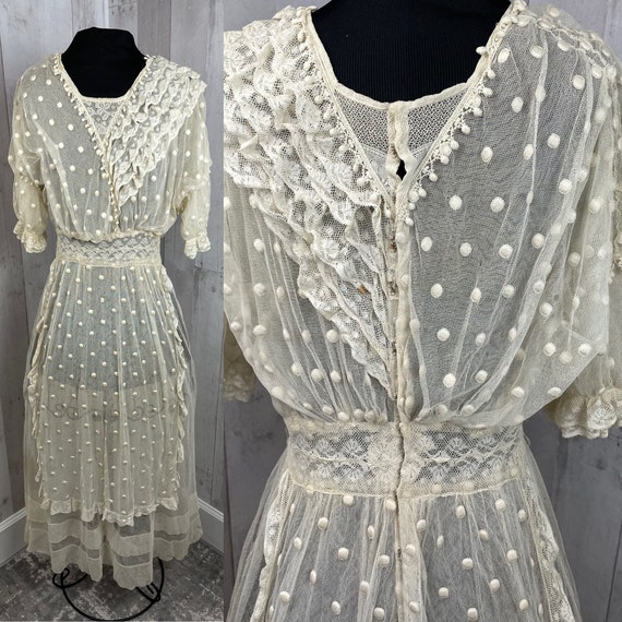 1910s True Edwardian Dress~Sheer Ivory Cotton Net… - image 3