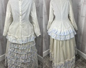 c1875s Victorian Walking Dress 2PC Skirt Blouse Wearable Antique Crisp Clean Floral Cotton Gown 1900s Small