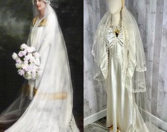 1920s Art Deco 4pc Satin Bridal Gown/ Slip Lining  / 3 Layers Veil  w/Wax Flowers 1910s Wedding Dress Small/2