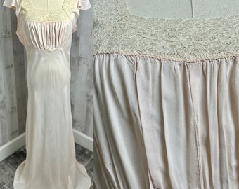 1930s Antique Nightgown / Lingerie Pale Pink Bias Cut Lace Neckline RARE SIZE 40" Bust