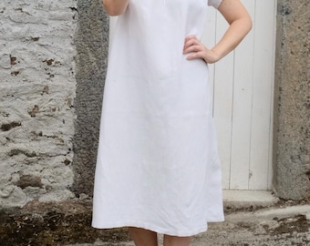 1910s Antique White Linen Edwardian Dress French Chemise Gown Size XL