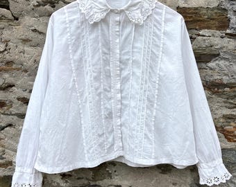 1910s Antique White Cotton Edwardian Blouse Lace Collar Shirt Size M/L