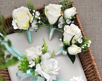 Mint blue-White / Boutonniere and Wrist Corsage