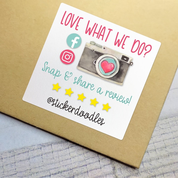 Love what we do? Snap and share a review stickers, customisable review request labels, share and tag social media sticker, customer feedback