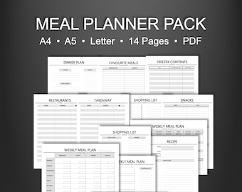 Meal Planner, Menu Planner, Recipe Template, Grocery List, A4, A5, Letter