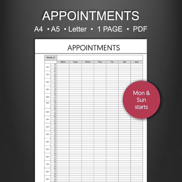 Appointments Printable, Client Appointment Book Printable, Appointment Tracker Planner, 15 Minute Interval Slot, Reminder Template, PDF Page