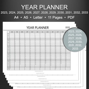 Yearly Planner Printable PDF, Year at A Glance, Year on One Page