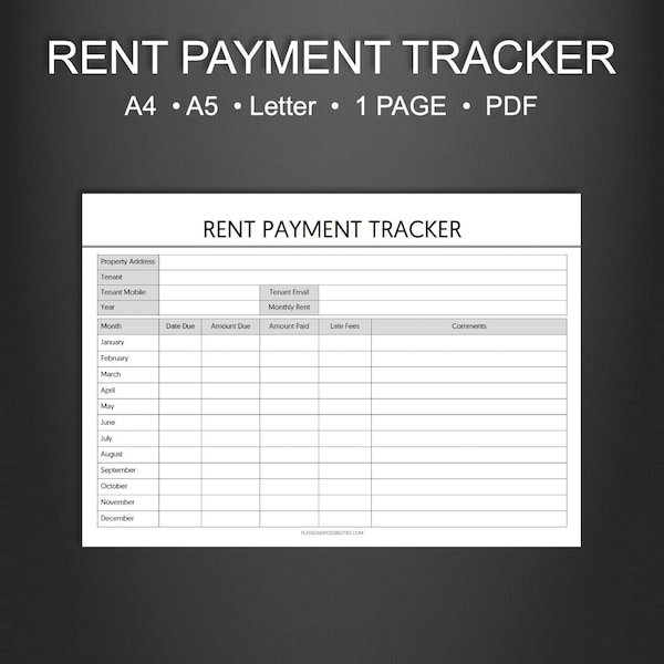 Rent Payment Tracker Printable, Rent Payment Receipt PDF, Rent Payment Ledger Record, Tenant Landlord Rent Template Sheet, Yearly Rent Due