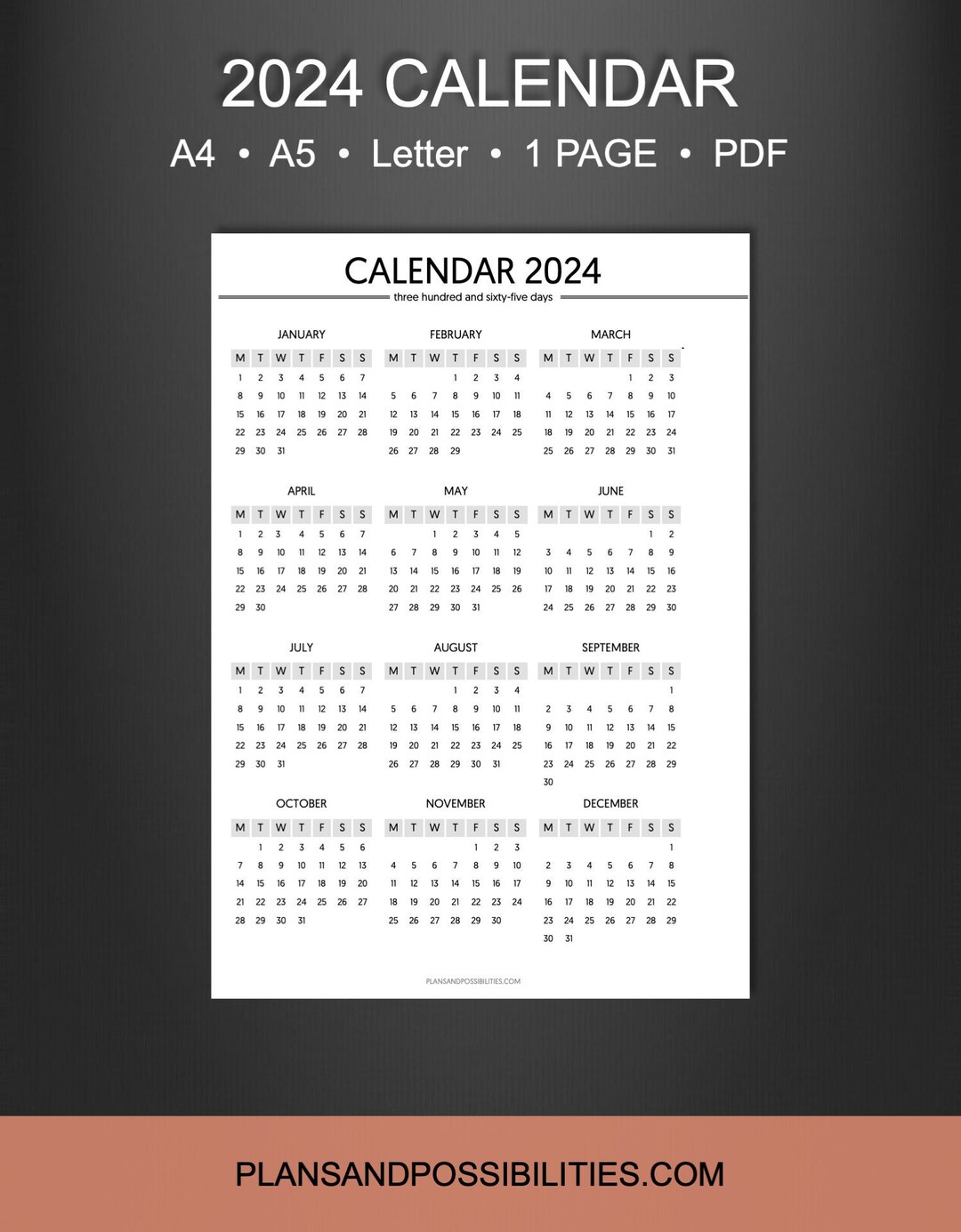 2024 Year Planner Printable PDF, 2024 Calendar Insert, 2024 Year on One