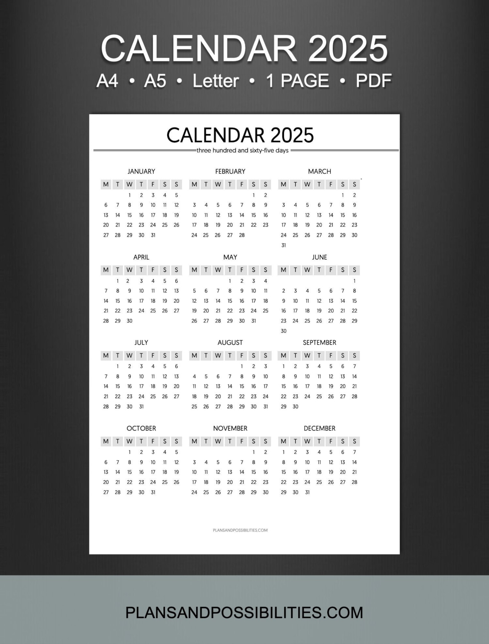 Year on One Page for 2025, A5 Printable 2025 One Page, A5 Calendar