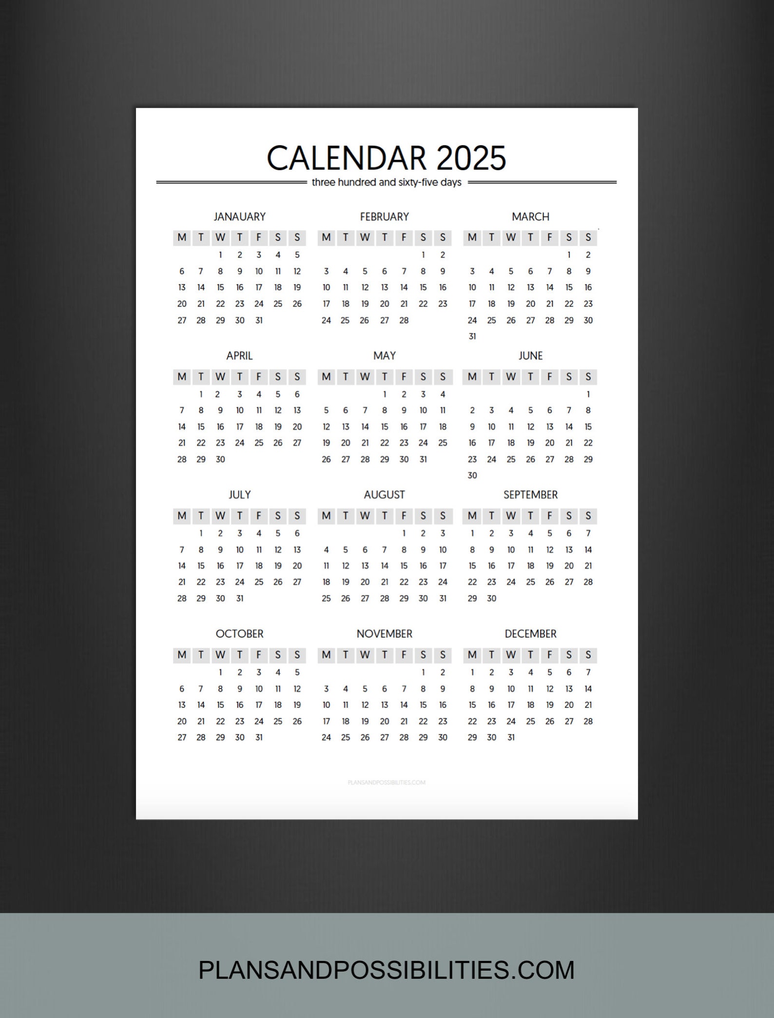 Year on One Page for 2025, A5 Printable 2025 One Page, A5 Calendar