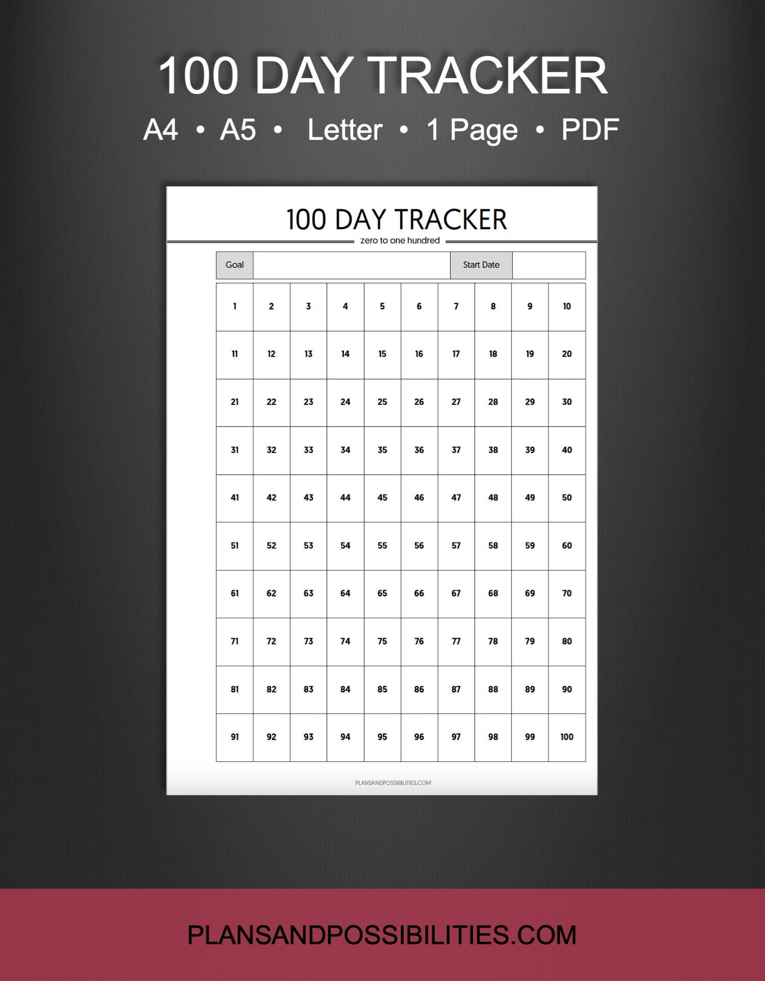 100 Day Challenge Tracker, 100 Day Goal Tracker, 100 Day Habit Tracker ...