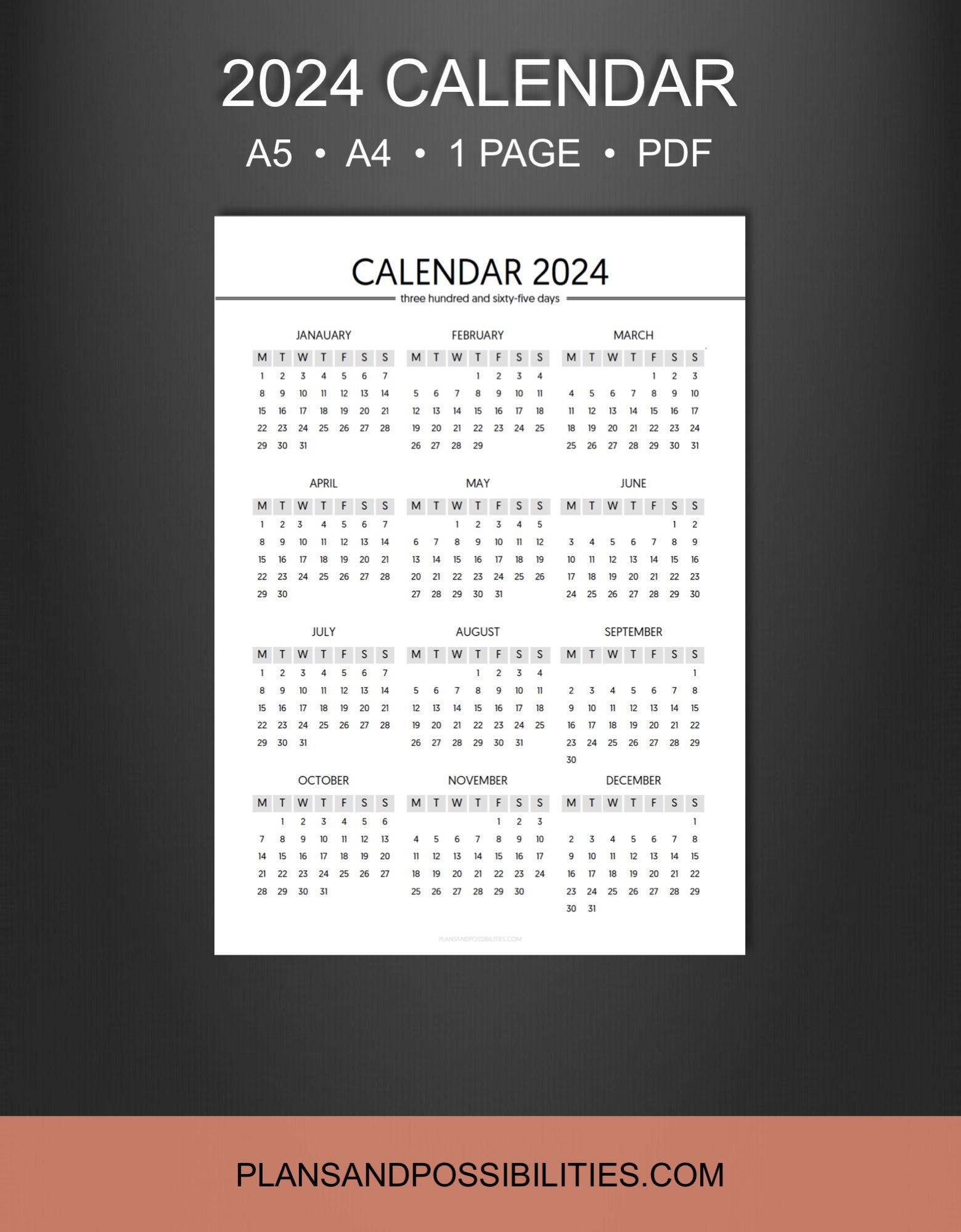 A5 2024 Year Planner Calendar insert Year On One Page | Etsy