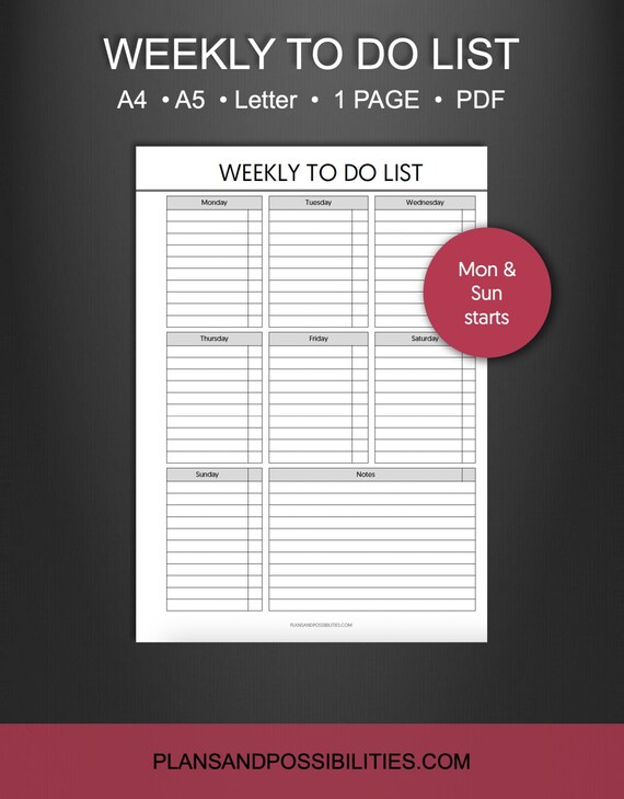 Weekly to Do List Planner Printable Weekly Checklist PDF - Etsy