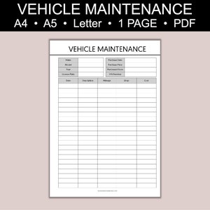 Vehicle Maintenance Log Book Printable Planner, Car Maintenance Log ...