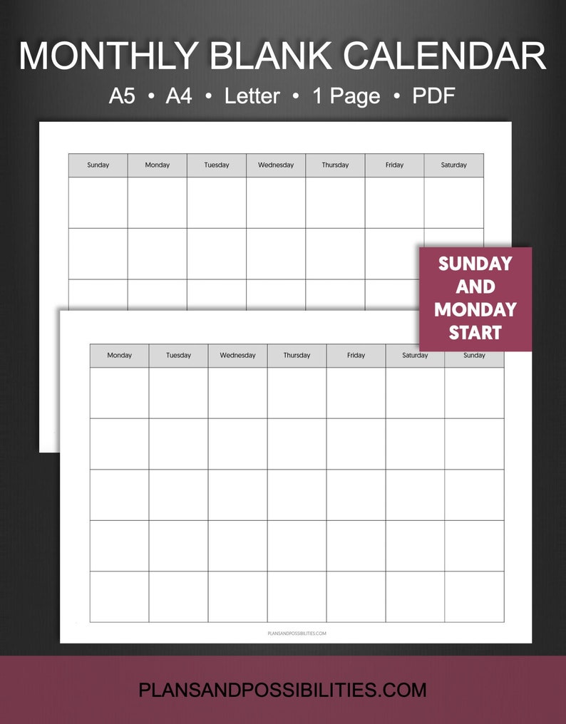 Monthly Blank Calendar Printable 8.5 X 11 Calendar Undated Etsy