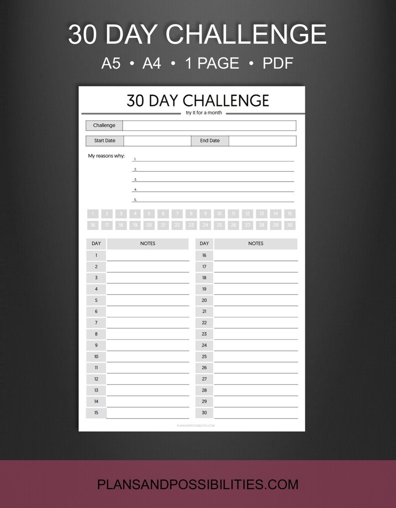 PRINTABLE 30-Day Challenge Planner A5 A4 30 day Habit | Etsy