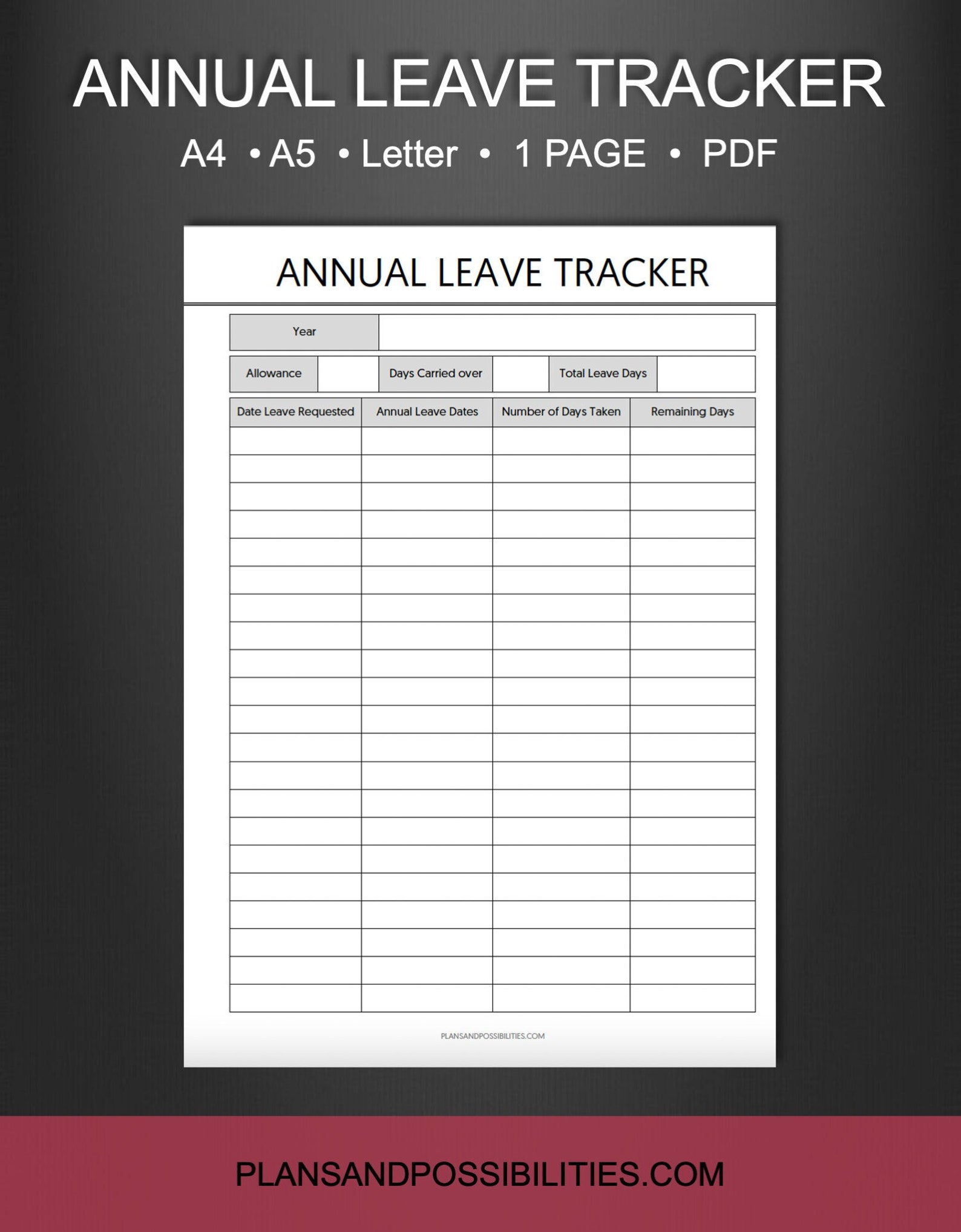 Work Leave Printable Annual Leave Tracker Work Leave Etsy