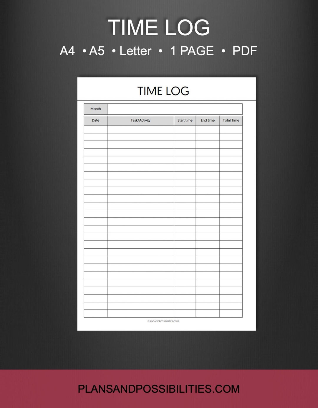Time Log Printable Page, Time Tracker Record, Time Keeping Insert, Time ...