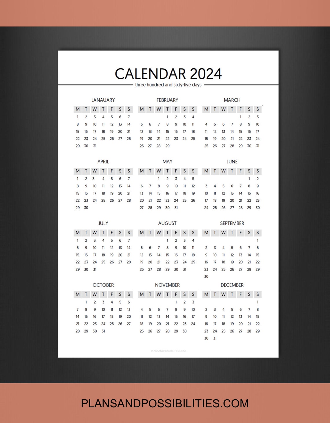 2024 Year Planner Printable PDF, 2024 Calendar Insert, 2024 Year on One