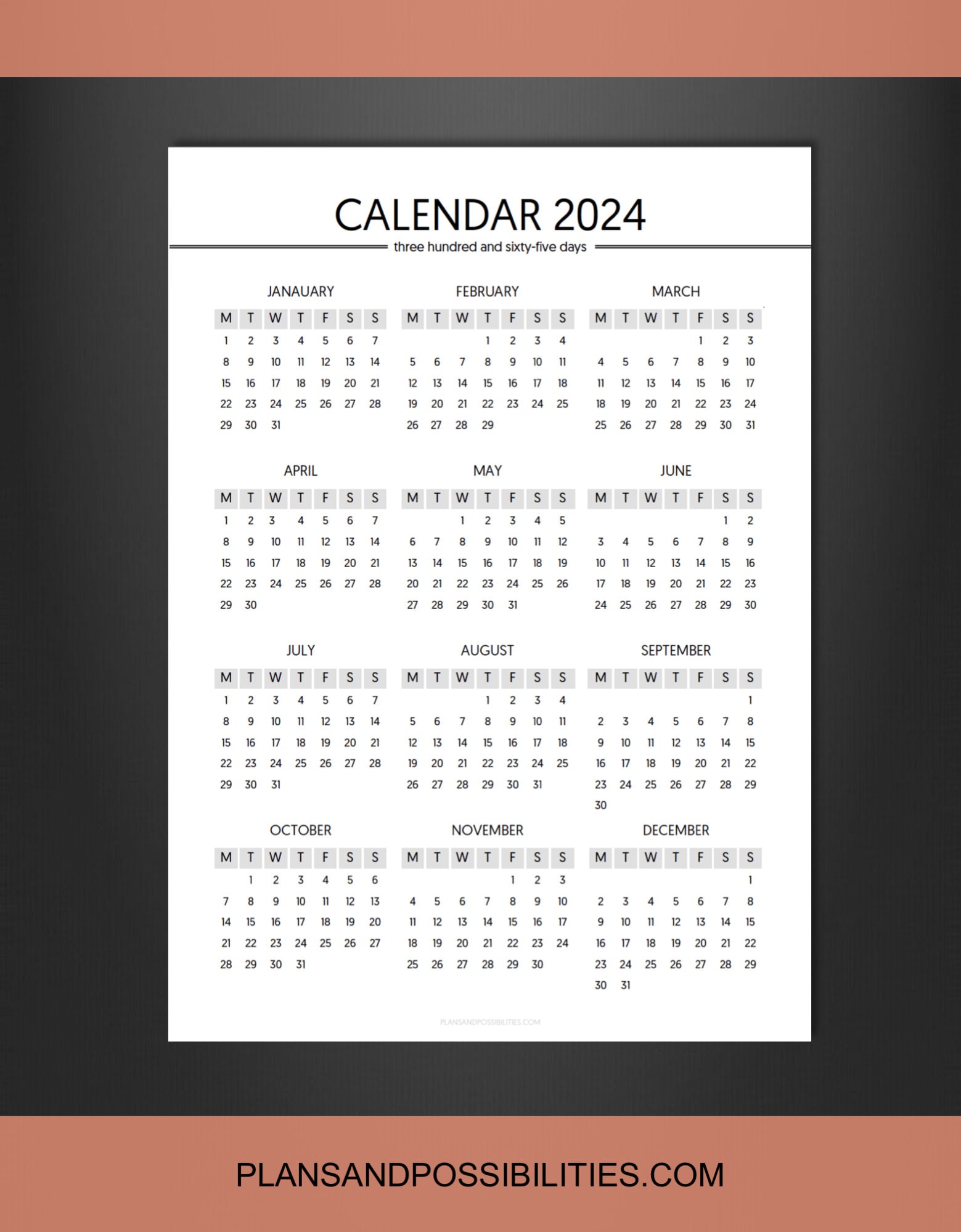 A5 2024 Year Planner Calendar insert Year On One Page Etsy
