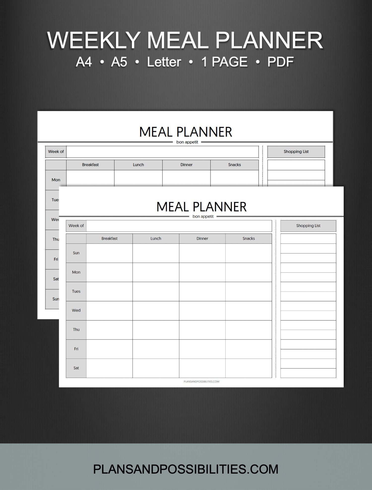 Weekly Meal Planner and Grocery List Printable Menu Planner - Etsy