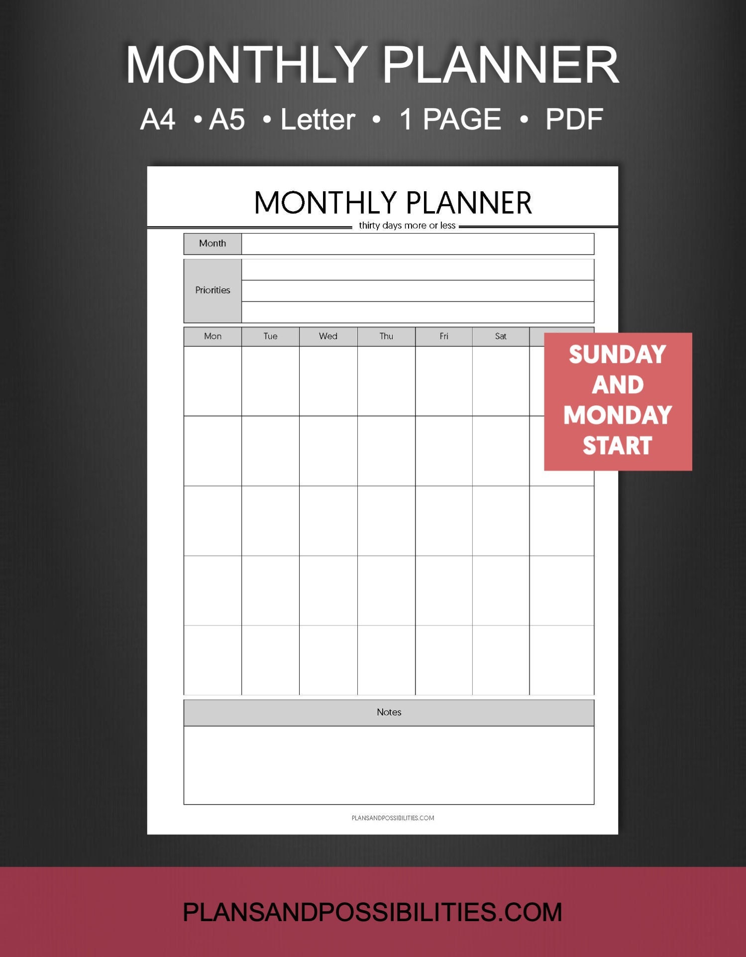 Monthly Planner Printable, Monthly Goal Planner Printable, Blank ...
