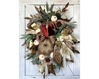 Boho Chic Fall Wreath for Front Door,Elegant Fall Wreath with Pumpkins, Neutral Fall Wreath for Front Porch Decoration, Decorations for Fall