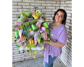 Pastel Easter Wreath for Front Door, Easter Bunny Decorations, Welcome Easter Decor with Bunny, High End Designer Wreath for Easter