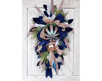 Elegant Christmas Wreath for Front Door, Christmas Ornament Wreath, Rose Gold and Navy Christmas Decor, Rose Gold Christmas Decorations