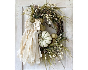 Fall Wreath for Front Door, Fall Farmhouse Wreath, Fall Rag Bow Wreath, Rustic Fall Wreath, Fall Grapevine Wreath, Outdoor Fall Decorations