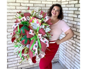 Strawberry Wreath for Front Door, Stay Sweet Summer Wreath, Pink and Red Polka Dot Bow, Fruit Wreath, Farmhouse Kitchen Decor