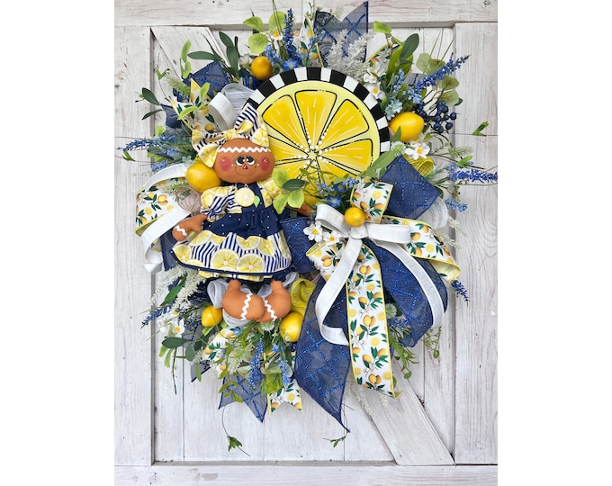 Handmade Lemon Wreath for Front Door, Summer Lemon Door Decor, Yellow and Blue Ribbon Wreath, Citrus Kitchen Wreath, Trendy Summer Wreath