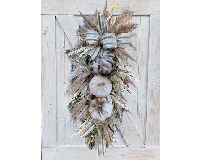Neutral Fall Wreath for Front Door, Fall Wreath with Pumpkins, Fall Swag for Front Porch Decorations, Fall Decorations with Nuetral Colors