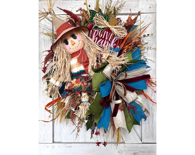 Handmade Fall Scarecrow Wreath - Give Thanks Sign, Thanksgiving Decor, Autumn Door Decoration, Rustic Harvest Wreath, Front Door Decor