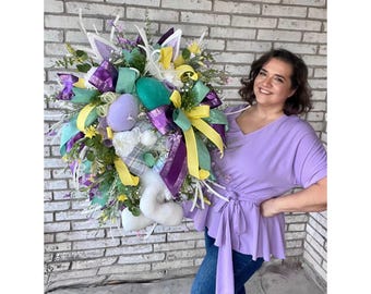 Purple Easter Wreath for Front Door, Easter Rabbit Wreath, Easter Bunny Wreath, Easter Bunny Decorations, Decorations for Easter