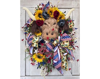 Handmade Highland Cow Patriotic Wreath, Sunflower and Rose Summer Decor, 4th of July Wreath for Front Door