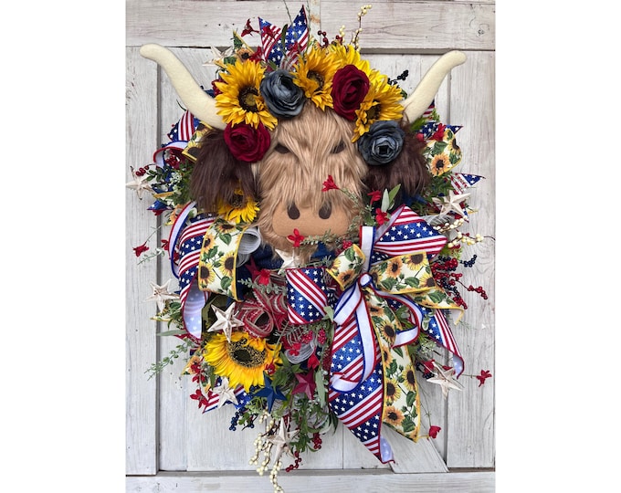 Handmade Highland Cow Patriotic Wreath, Sunflower and Rose Summer Decor, 4th of July Wreath for Front Door