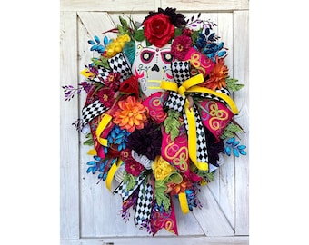 Dia de los Muertos Wreath for Front Door, Dia de los Muertos Decorations, Sugar Skull Wreath, Dia de lost Muertos Mask, Calavera Skull