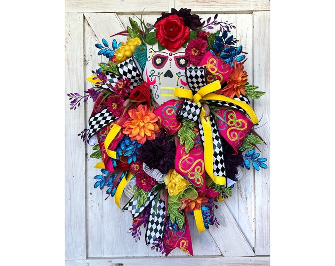 Dia de los Muertos Wreath for Front Door, Dia de los Muertos Decorations, Sugar Skull Wreath, Dia de lost Muertos Mask, Calavera Skull